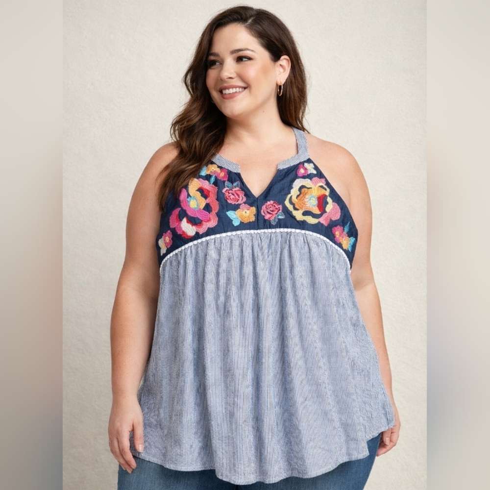 Savanna Jane - Floral Embroidered Blue Sleeveless Top
